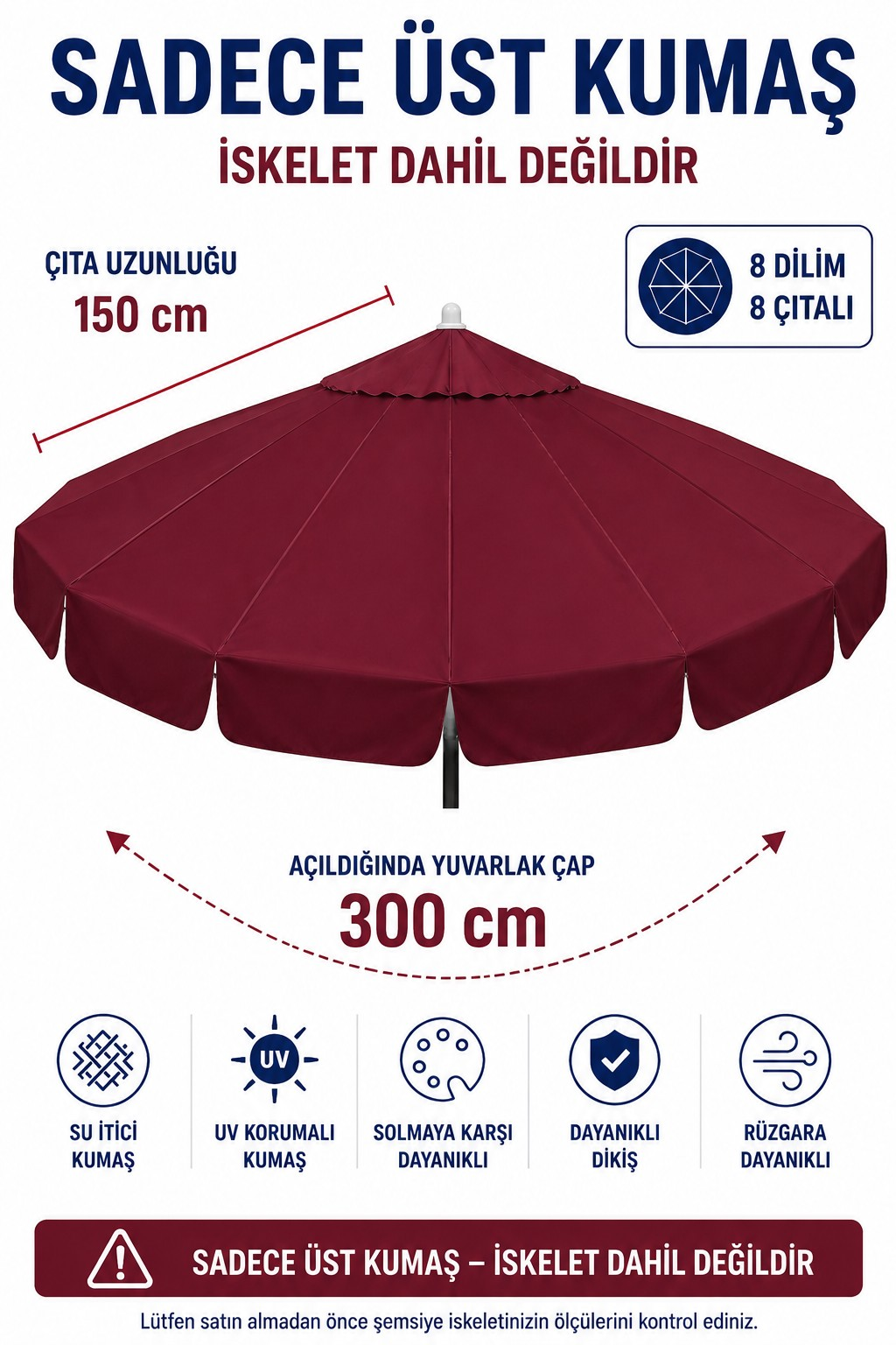 Bordo Polyester Kumaş (300 cm / 8 telli makaralı şemsiye ile uyumlu)