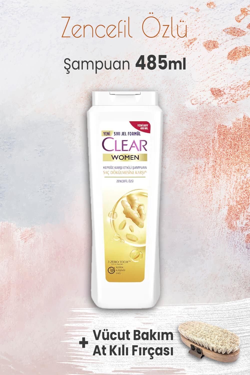 Clear Women Şampuan Saç Dökülmesine Karşı 485 ml ve Vücut Bakım At Kılı Fırçası