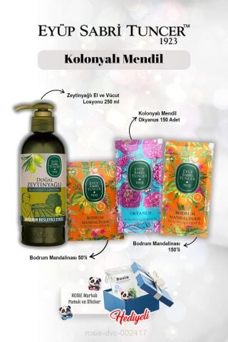 Kolonyalı Mendil Mandalina 50'li ve 150'li ve, Okyanus 150'li, Zeytinyağlı Losyon 250 ml Rosie