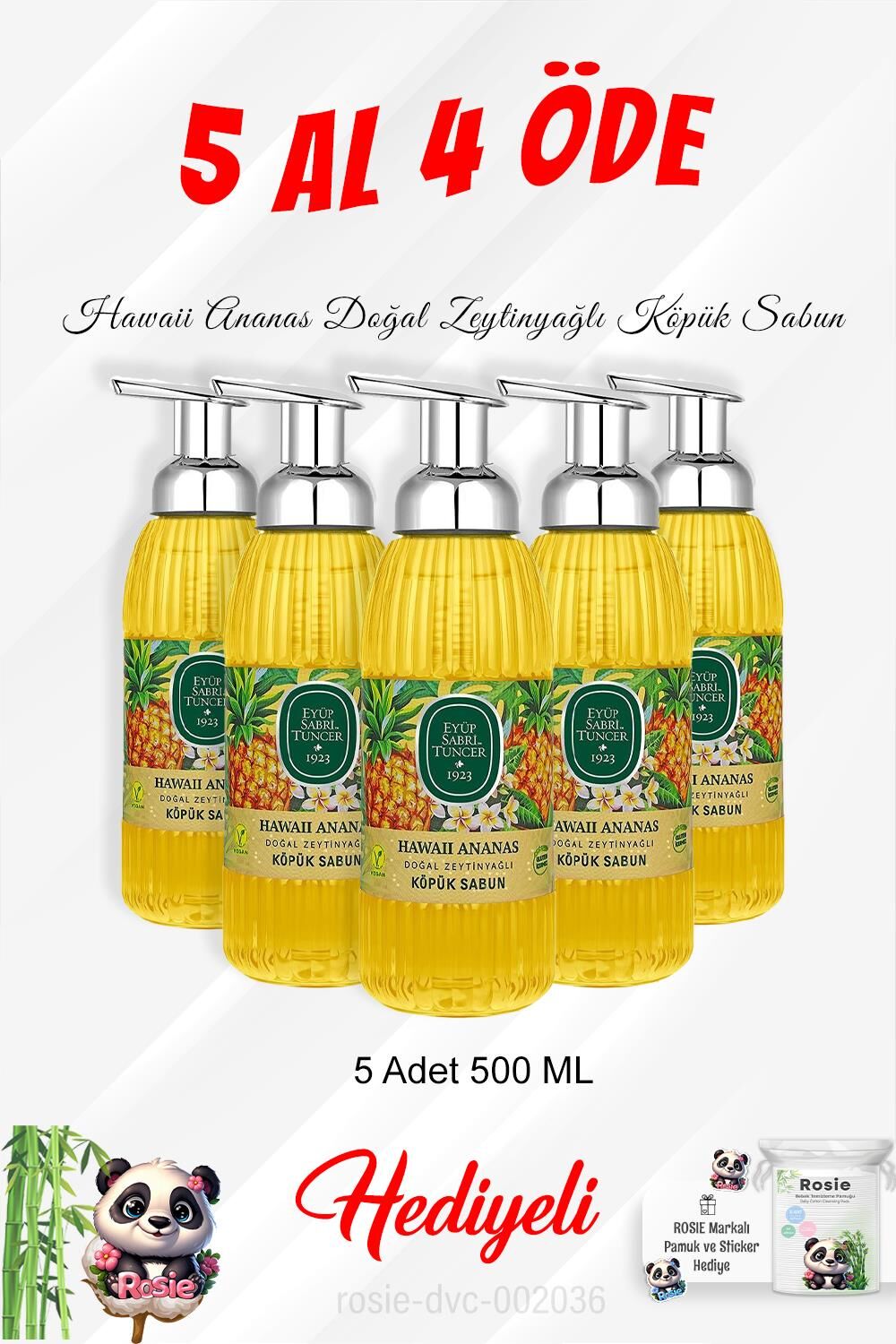 Hawaii Ananas Zeytinyağlı Köpük Sabun 500 ML 5 Al 4 Öde ve Rosie Pamuk