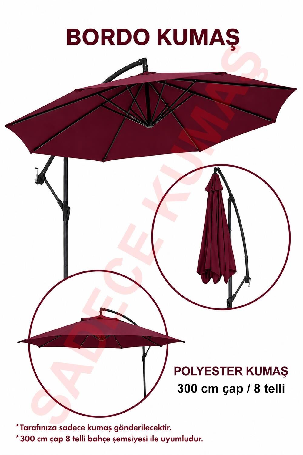 Bordo Polyester Kumaş (300 cm / 8 telli makaralı şemsiye ile uyumlu)