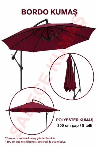Bordo Polyester Kumaş (300 cm / 8 telli makaralı şemsiye ile uyumlu)