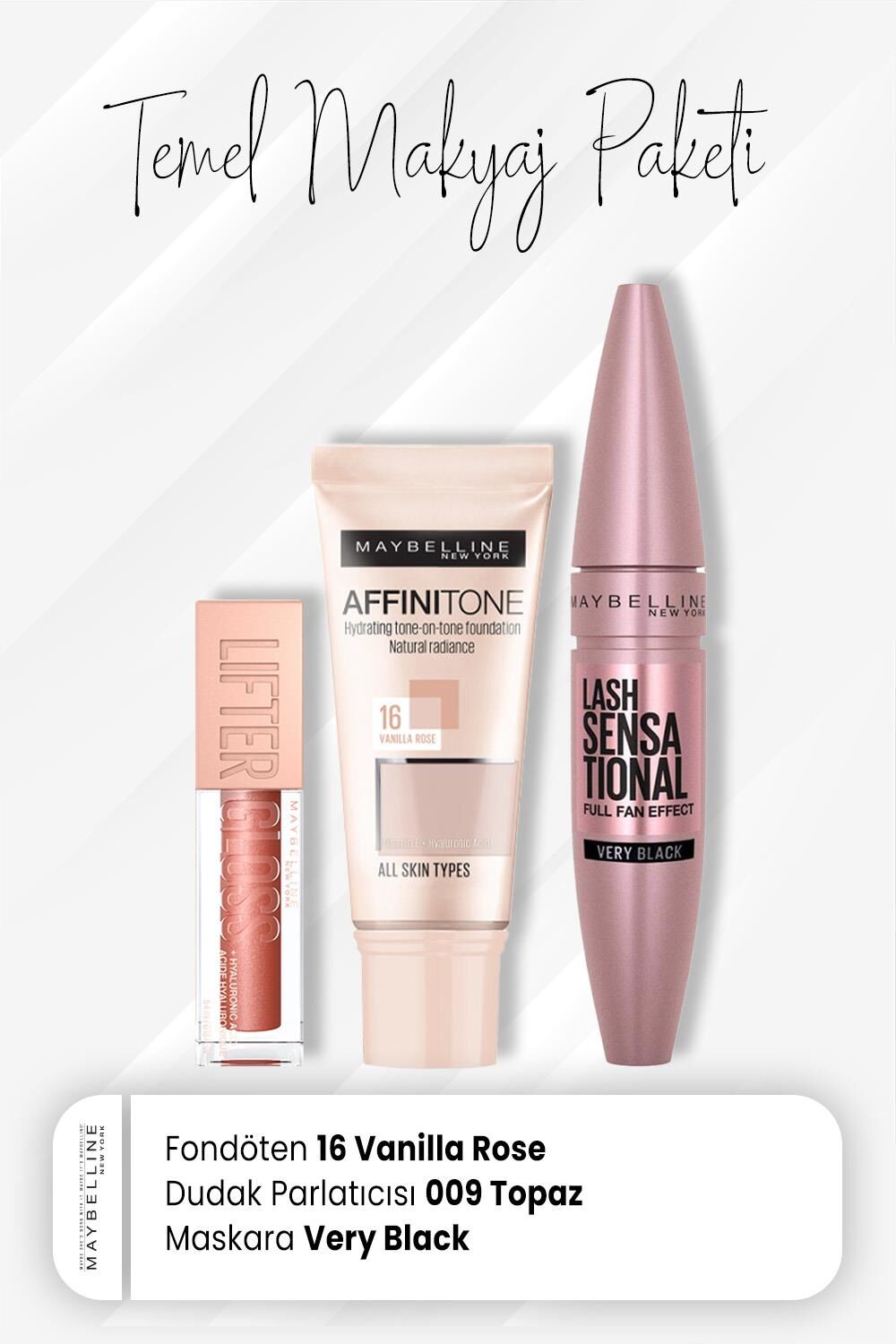 Maybelline New York Affinitone Fondöten 16, Maskara Very Black ve Dudak Parlatıcı 009 Topaz