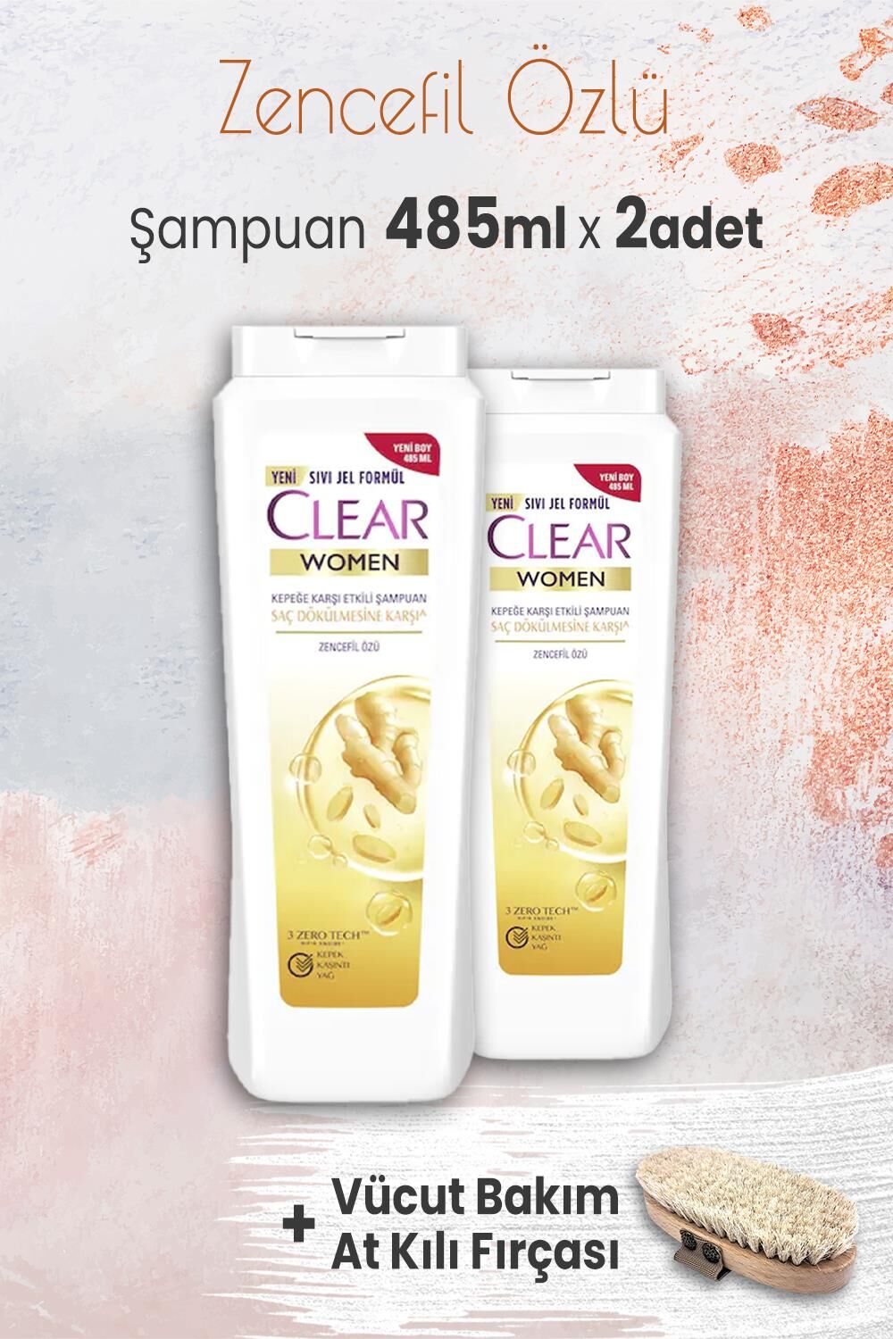 Clear Women Şampuan Saç Dökülmesine Karşı 485 ml x 2 Adet ve Vücut Bakım At Kılı Fırçası