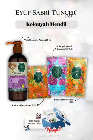 Mandalina 50'li ve 150'li ve, Okyanus 150'li Kolonyalı Mendil, Argan Losyon 250 ml Rosie