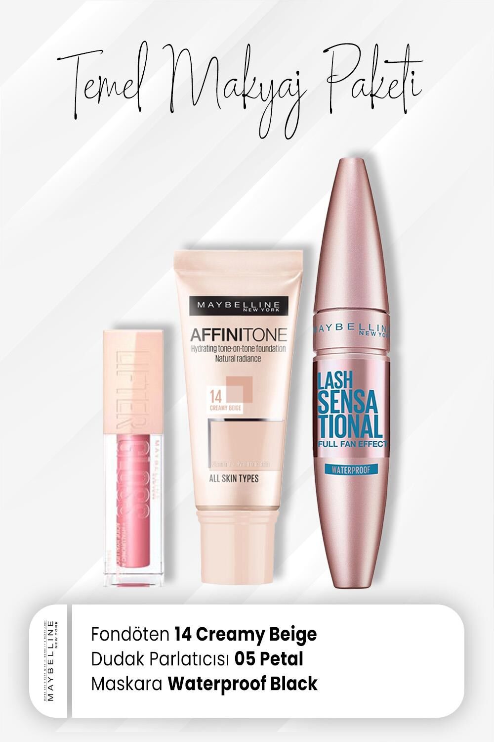 Maybelline New York Affinitone Fondöten 14, Waterproof Maskara Black ve Dudak Parlatıcısı 005 Petal