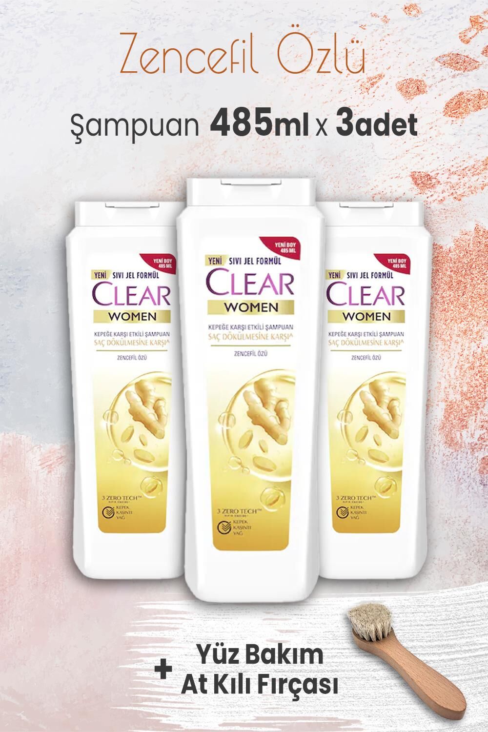 Clear Women Şampuan Saç Dökülmesine Karşı 485 ml x 3 Adet ve Yüz Bakım At Kılı Fırçası