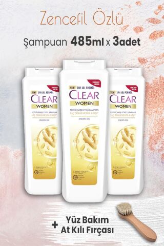 Clear Women Şampuan Saç Dökülmesine Karşı 485 ml x 3 Adet ve Yüz Bakım At Kılı Fırçası