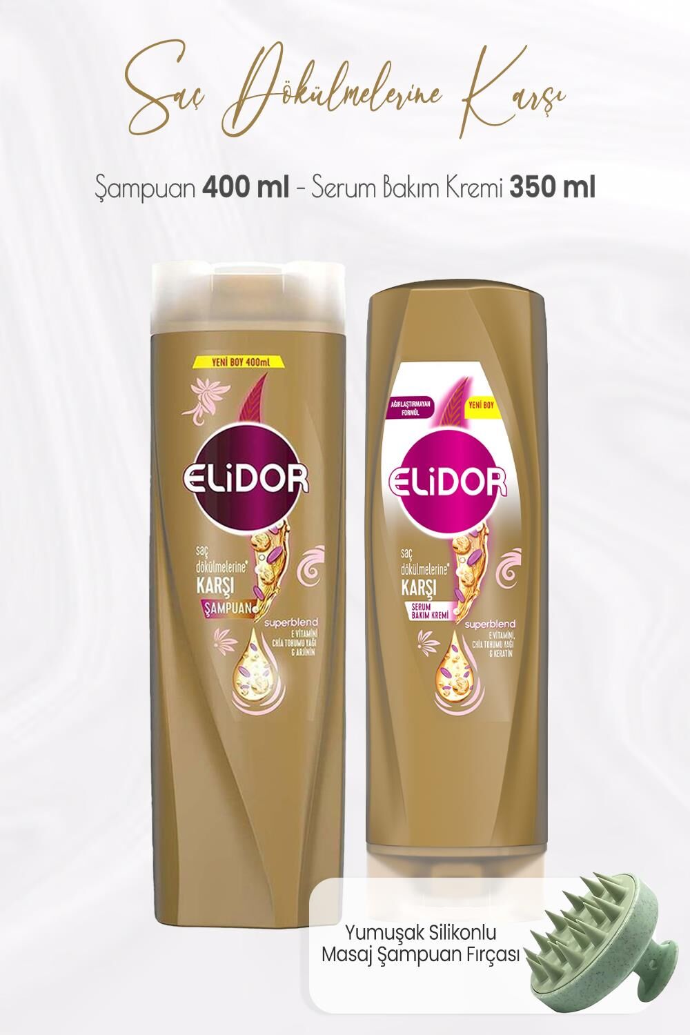 Elidor Superblend Saç Dökülmelerine Karşı Şampuan 400 ml, Serum Bakım Kremi 350 ml ve Masaj Şampuan Fırçası Yeşil