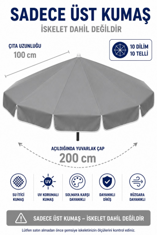 Gri Polyester Kumaş, 200 cm / 10 telli (plaj şemsiyesi uyumlu)
