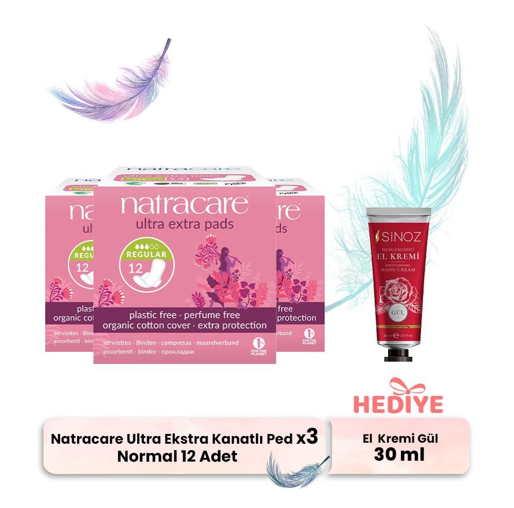 Natracare Ultra Ekstra Kanatlı Normal 12' li x 3 ve El Kremi Hediyeli