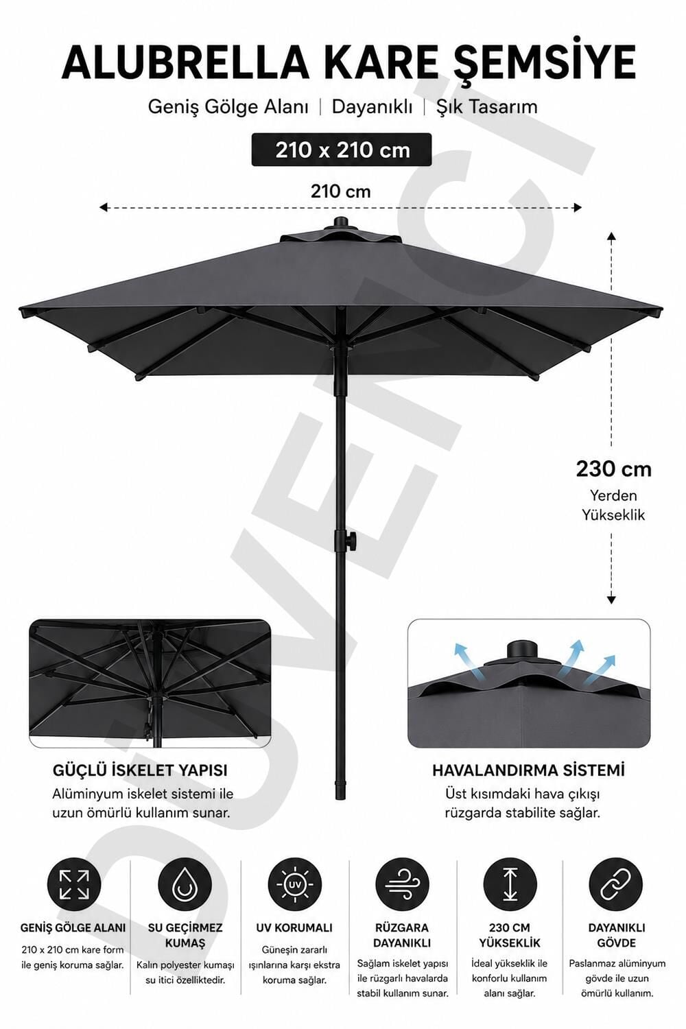 Alubrella Kare Antrasit Güneş Şemsiyesi, 210 cm çap / 8 Telli, BİDONSUZ
