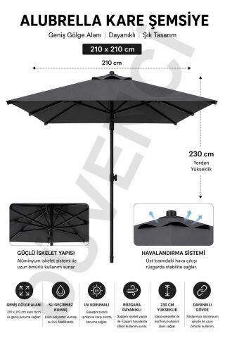 Alubrella Kare Antrasit Güneş Şemsiyesi, 210 cm çap / 8 Telli, BİDONSUZ