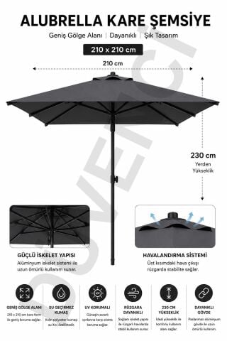 Alubrella Kare Antrasit Güneş Şemsiyesi, 210 cm çap / 8 Telli, BİDONSUZ