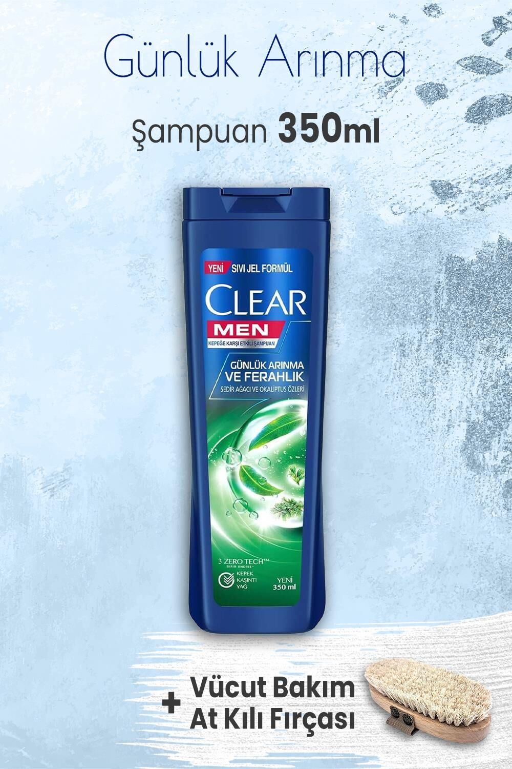Clear Men Şampuan Günlük Arınma 350 ml ve Vücut Bakım At Kılı Fırçası