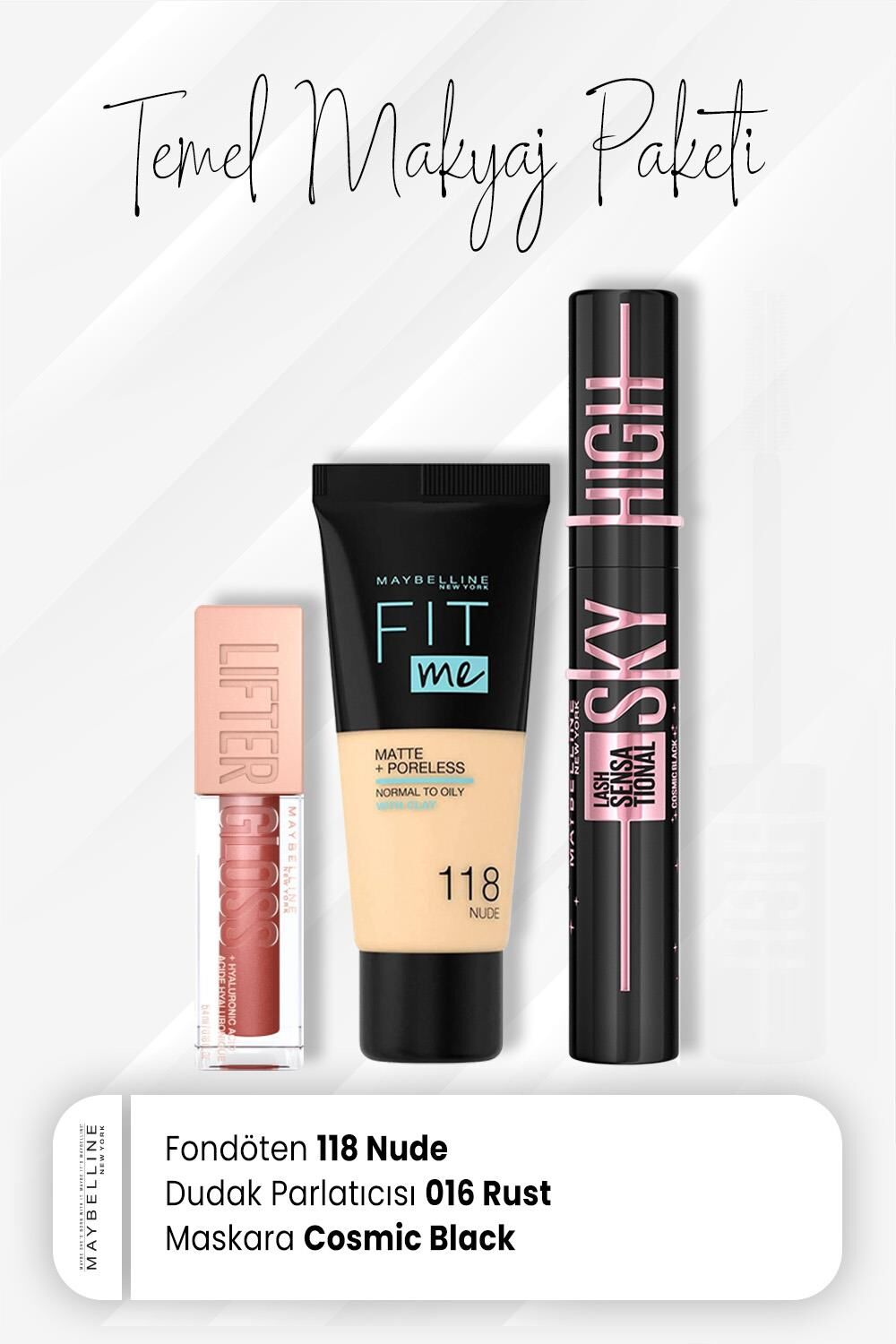 Maybelline New York Fit Me Fondöten 118, Sky High Maskara Cosmic Black ve Dudak Parlatıcı 016 Rust