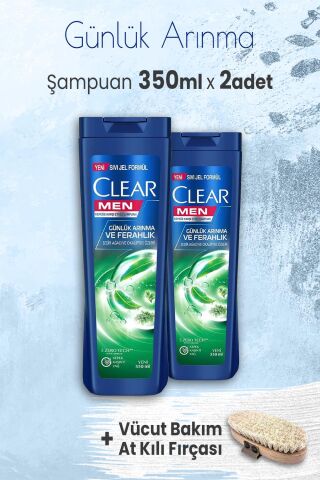 Clear Men Şampuan Günlük Arınma 350 ml x 2 Adet ve Vücut Bakım At Kılı Fırçası