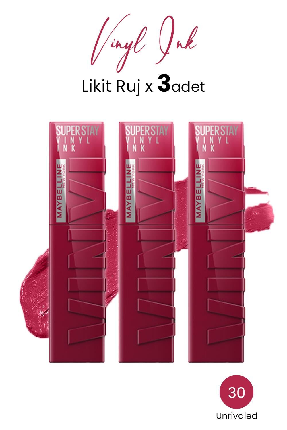 Maybelline New York Super Stay Vinyl Ink Likit Ruj 30 Unrivaled x 3 adet