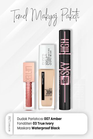 Maybelline New York Super Stay Fondöten 03, Sky High Waterproof Maskara Black ve Dudak Parlatıcı 007 Amber