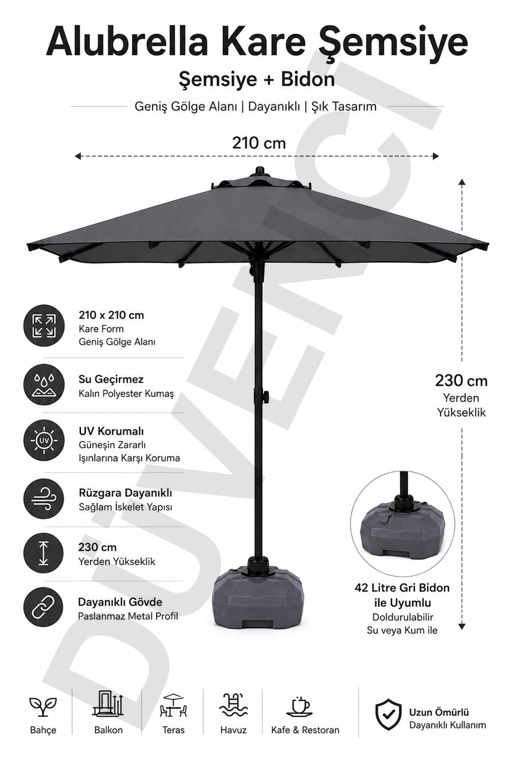 Alubrella Antrasit Kare Güneş Şemsiyesi, 210x210 / 8 Telli, BİDONLU