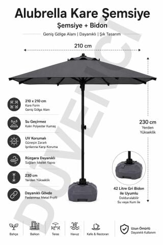 Alubrella Antrasit Kare Güneş Şemsiyesi, 210x210 / 8 Telli, BİDONLU