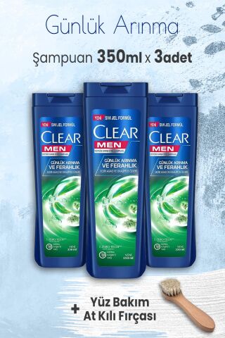 Clear Men Şampuan Günlük Arınma 350 ml x 3 Adet ve Yüz Bakım At Kılı Fırçası