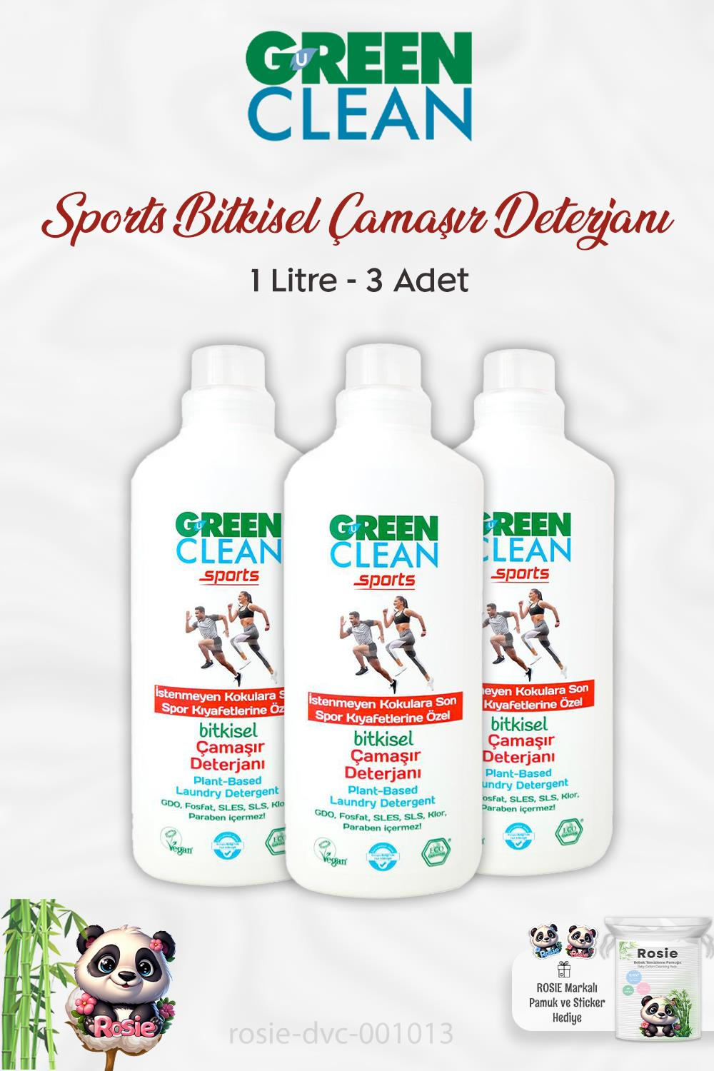 3 Adet Green Clean Sports Bitkisel Çamaşır Deterjanı 1 lt ve ROSIE