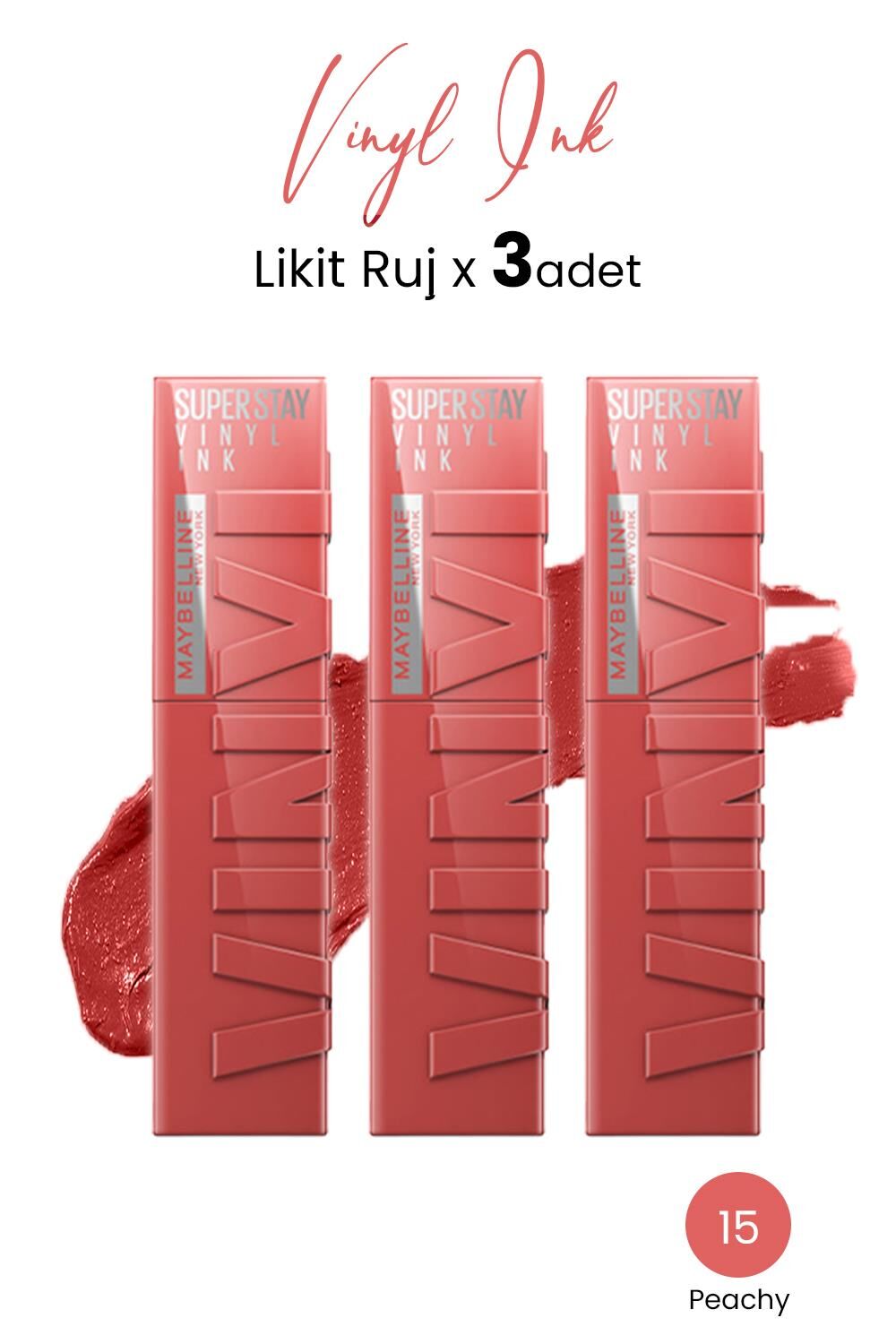 Maybelline New York Super Stay Vinyl Ink Likit Ruj 15 Peachy x 3 adet