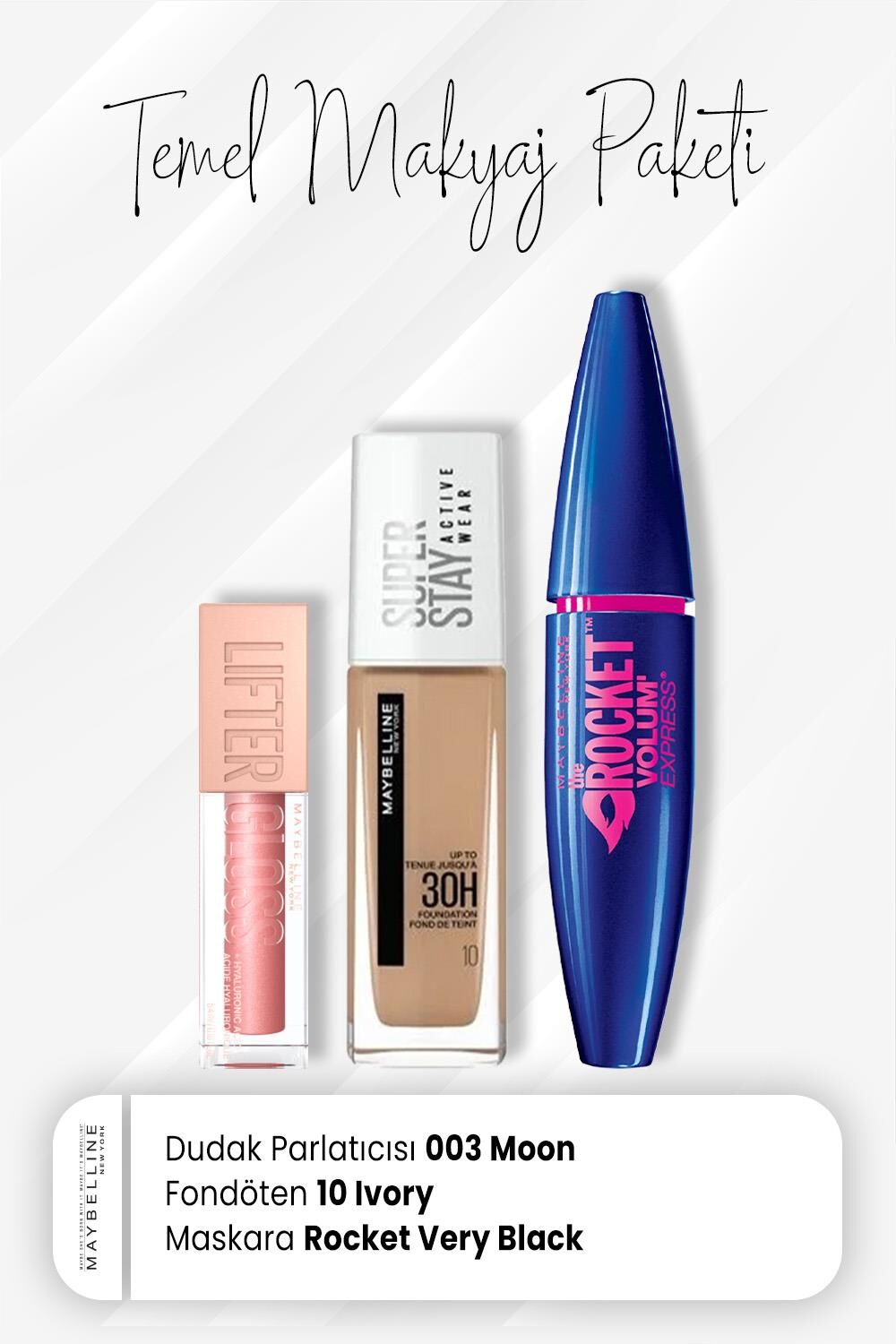 Maybelline New York Super Stay Fondöten 10, Rocket Maskara Very Black ve Dudak Parlatıcı 003 Moon
