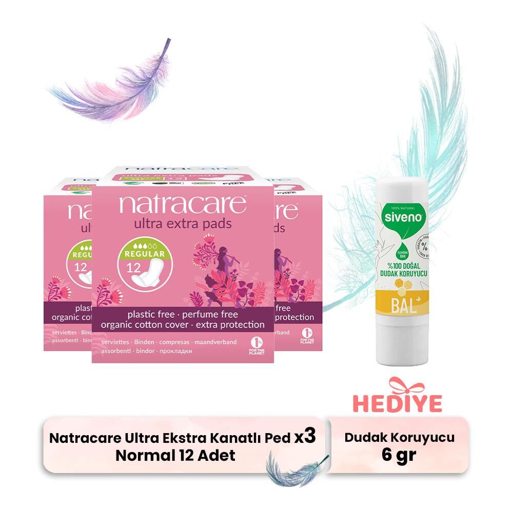 Natracare Ultra Ekstra Kanatlı Normal 12' li x 3 ve Dudak Koruyucu Hediyeli