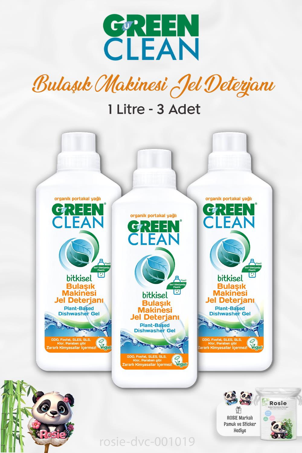 3 Adet Green Clean Bitkisel Bulaşık Makinesi Jel Deterjanı Portakal Yağlı 1 lt ve ROSIE