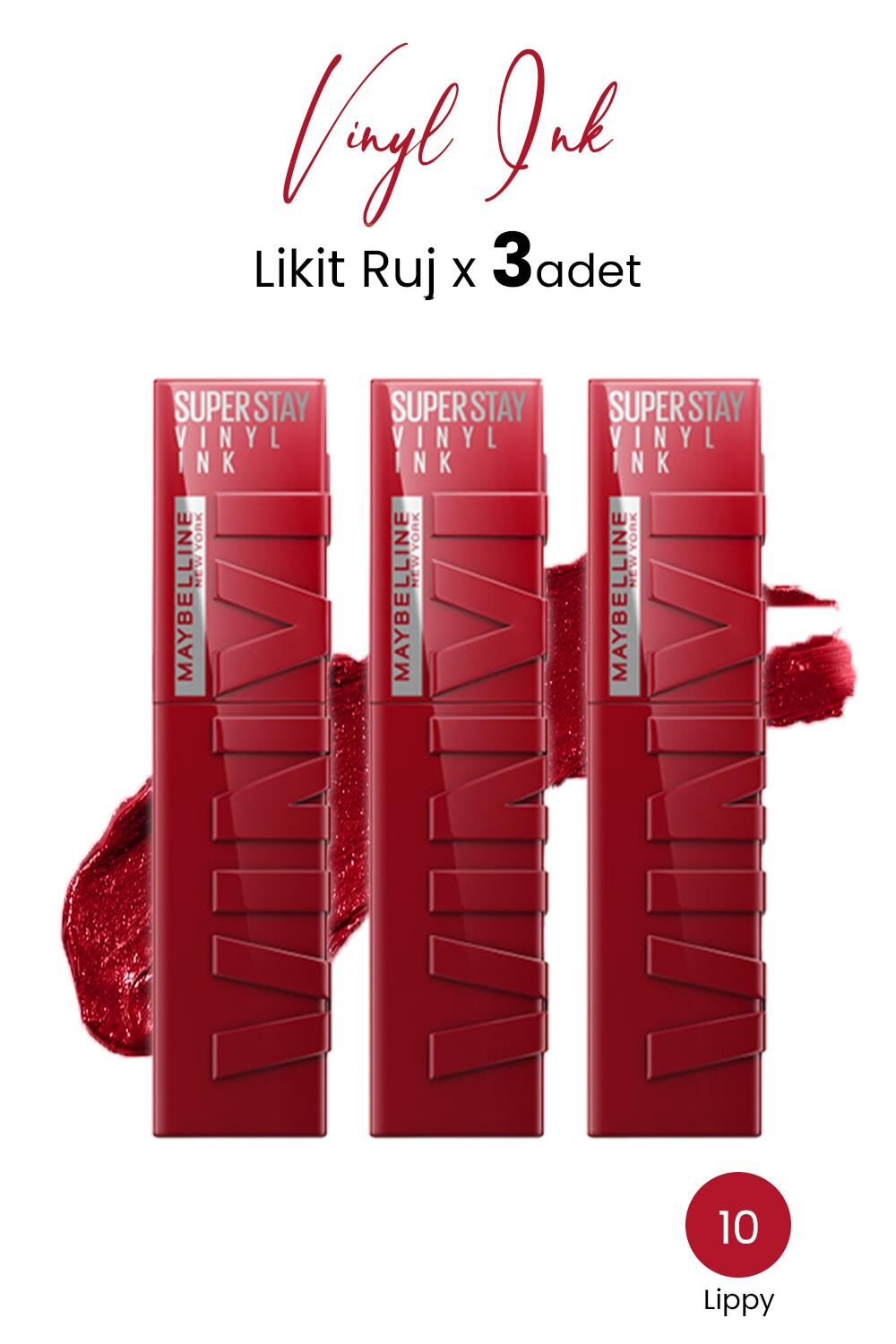 Maybelline New York Super Stay Vinyl Ink Likit Ruj 10 Lippy x 3 adet