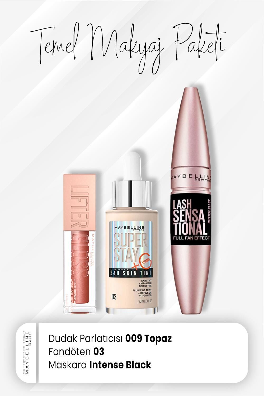 Maybelline New York Super Stay Fondöten 03, Full Fan Maskara Intense Black ve Dudak Parlatıcı 009 Topaz
