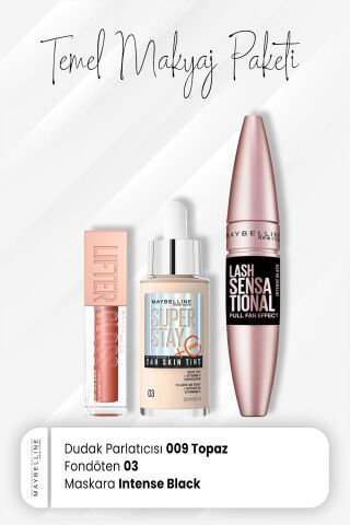 Maybelline New York Super Stay Fondöten 03, Full Fan Maskara Intense Black ve Dudak Parlatıcı 009 Topaz
