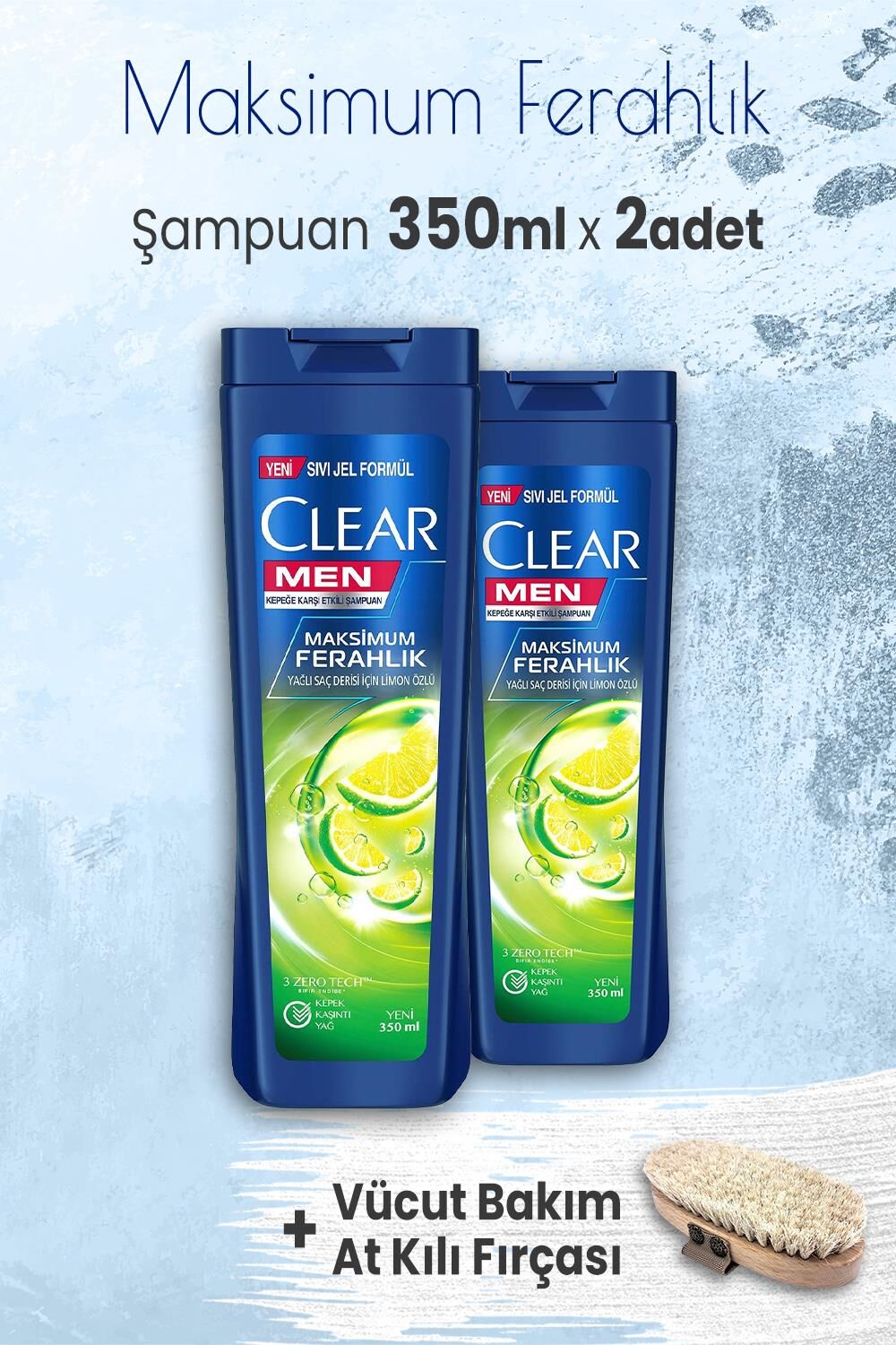 Clear Men Şampuan Maksimum Ferahlık 350 ml x 2 Adet ve Vücut Bakım At Kılı Fırçası