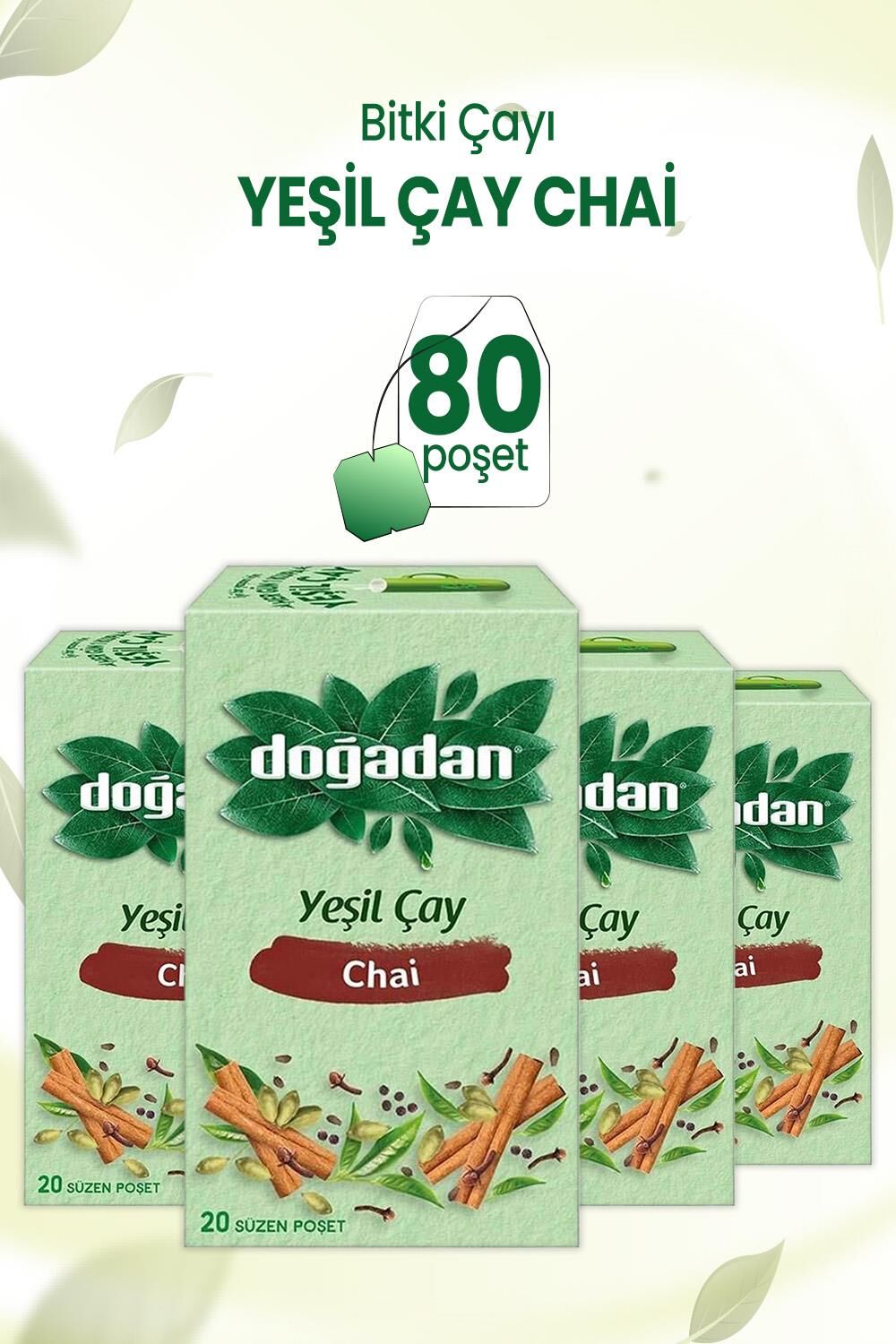 Doğadan Yeşil Çay Chai Poşet Bardak Çay  20'li x 4 Adet