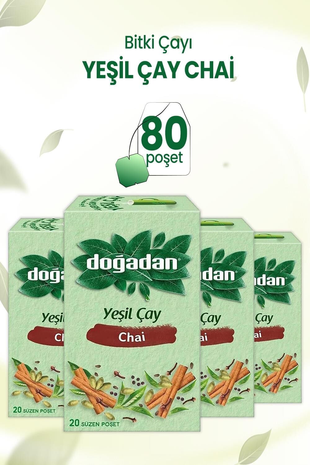 Doğadan Yeşil Çay Chai Poşet Bardak Çay  20'li x 4 Adet