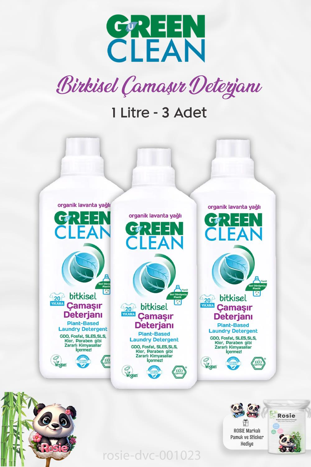 3 Adet Green Clean Bitkisel Çamaşır Deterjanı Lavanta Yağlı 1 lt ve ROSIE