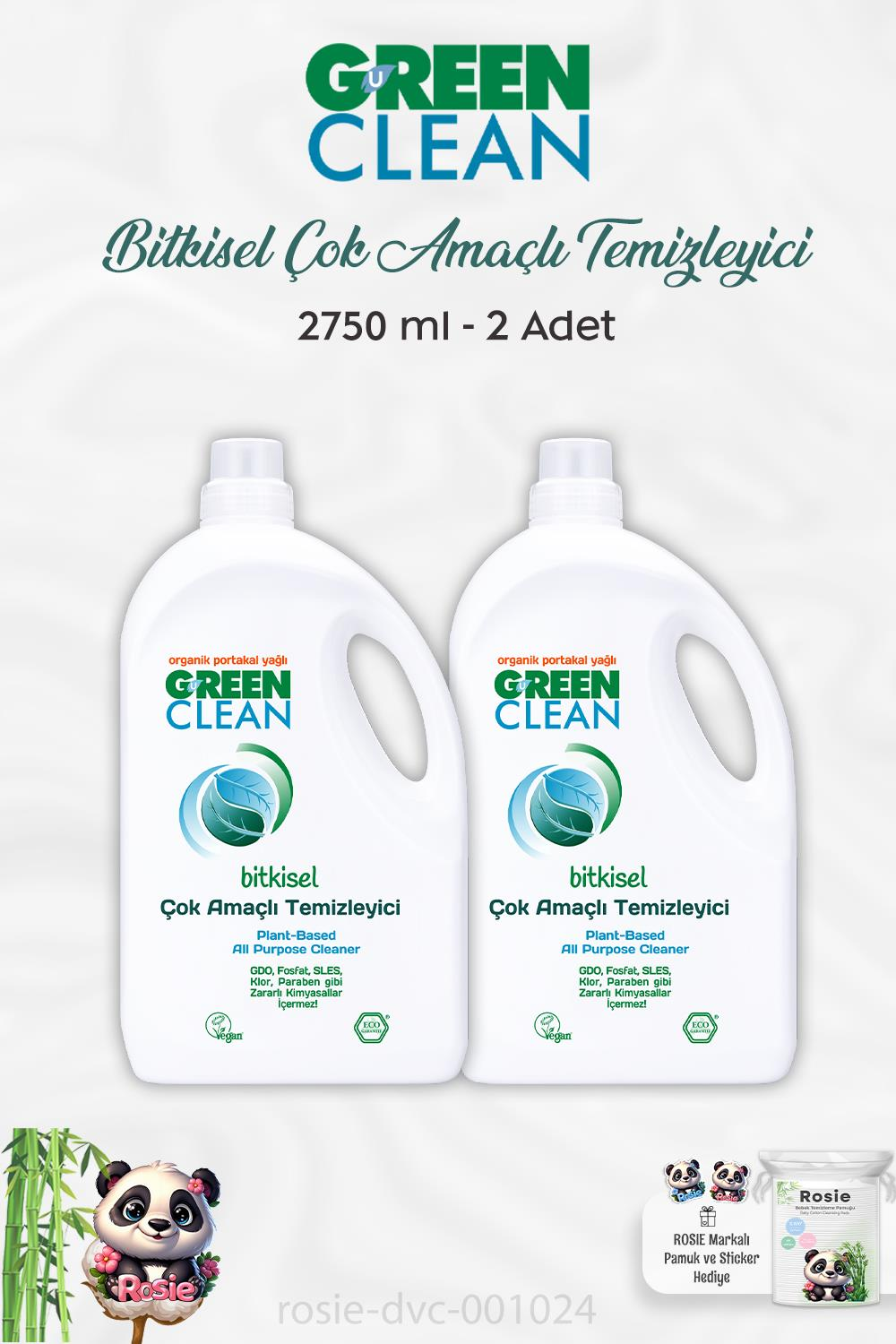 2 Adet Green Clean Bitkisel Çok Amaçlı Temizleyici Portakal Yağlı 2750 ml ve ROSIE
