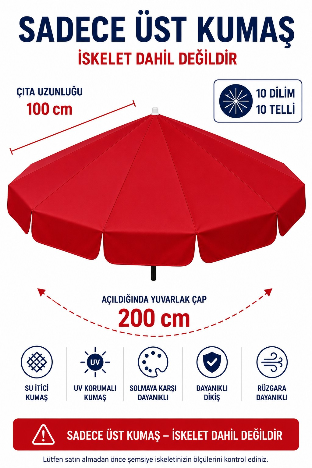 Kırmızı Polyester Kumaş, 200 cm / 10 telli (plaj şemsiyesi uyumlu)