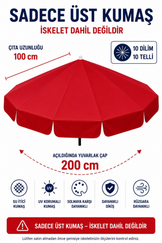 Kırmızı Polyester Kumaş, 200 cm / 10 telli (plaj şemsiyesi uyumlu)