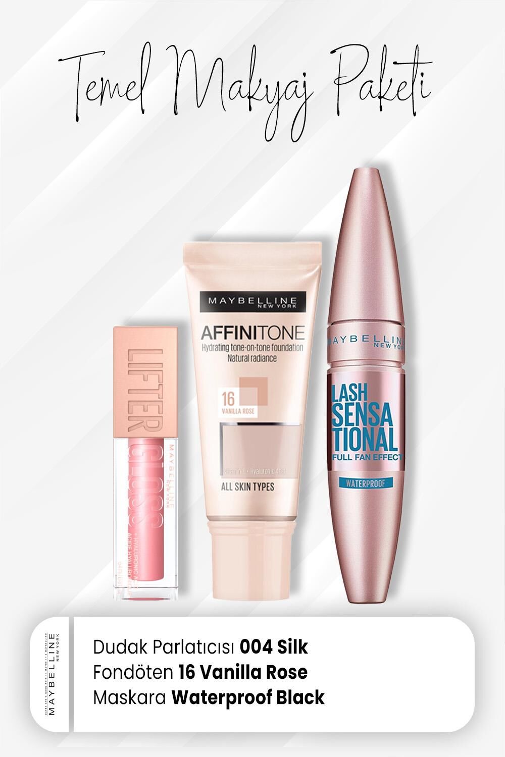 Maybelline New York Affinitone Fondöten 16, Waterproof Maskara Black ve Dudak Parlatıcı 004 Silk