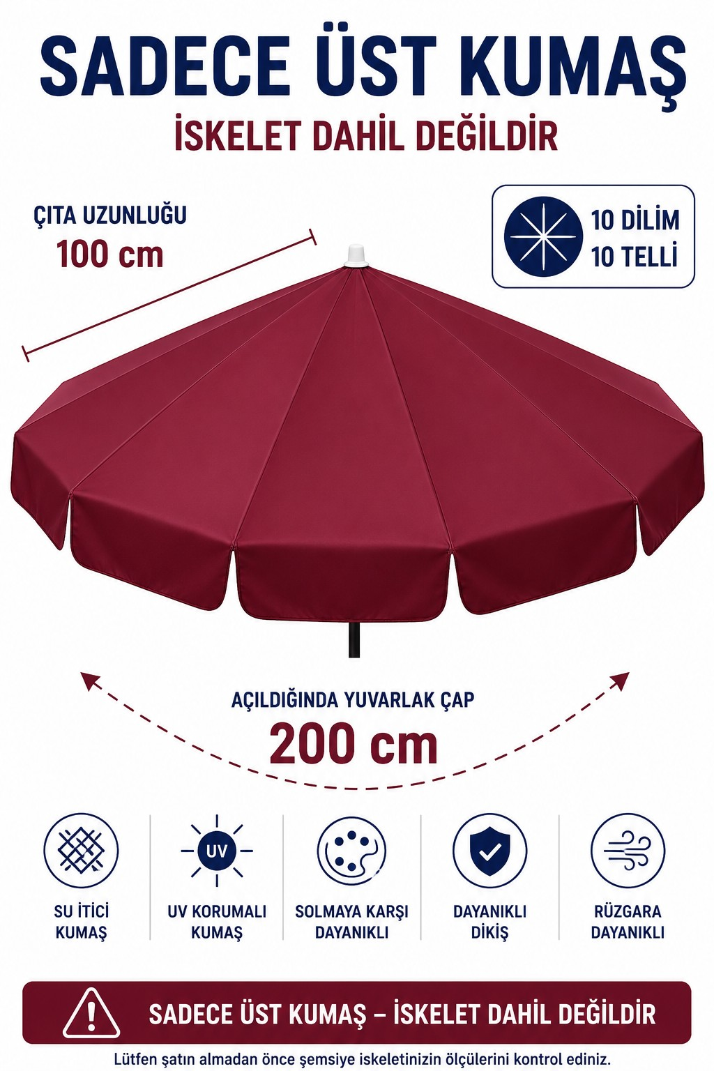 Bordo Polyester Kumaş, 200 cm / 10 telli (plaj şemsiyesi uyumlu)