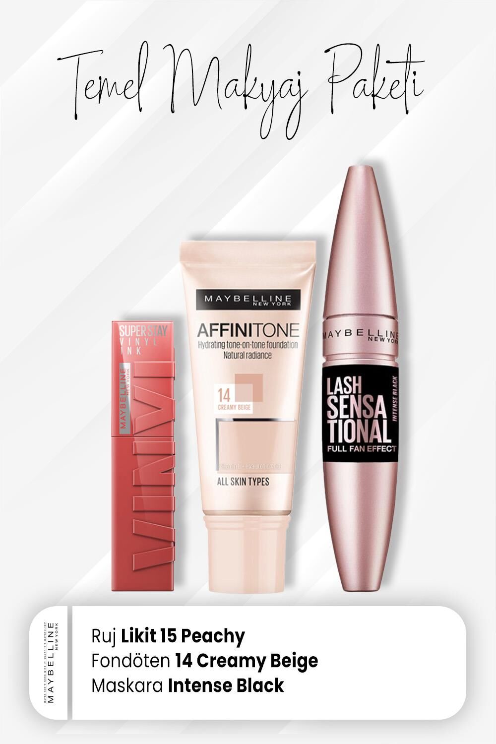 Maybelline New York Affinitone Fondöten 14, Full Fan Maskara Intense Black ve Vinyl Ink Ruj 15 Peachy