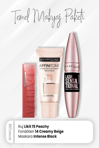 Maybelline New York Affinitone Fondöten 14, Full Fan Maskara Intense Black ve Vinyl Ink Ruj 15 Peachy