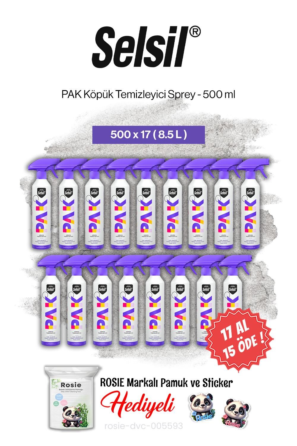 Selsil PAK Köpük Temizleyici Sprey 500 ml, 17 AL 15 ÖDE ve rosie pamuk