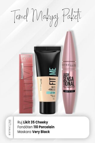Maybelline New York Fit Me Fondöten 110, Full Fan Maskara Very Black ve Vinyl Ink Ruj 35 Cheeky