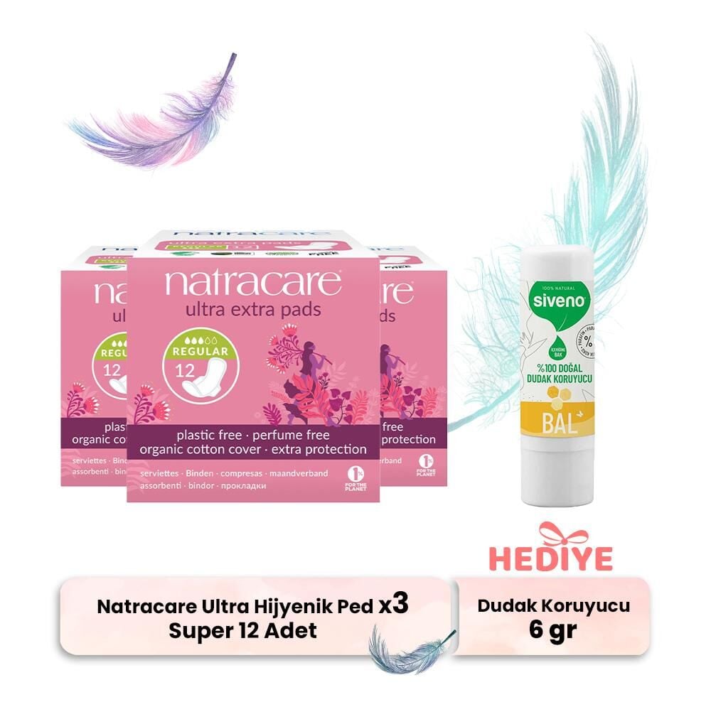 Natracare Ultra Hijyenik Ped Super 12'li x 3 ve Dudak Koruyucu Hediyeli