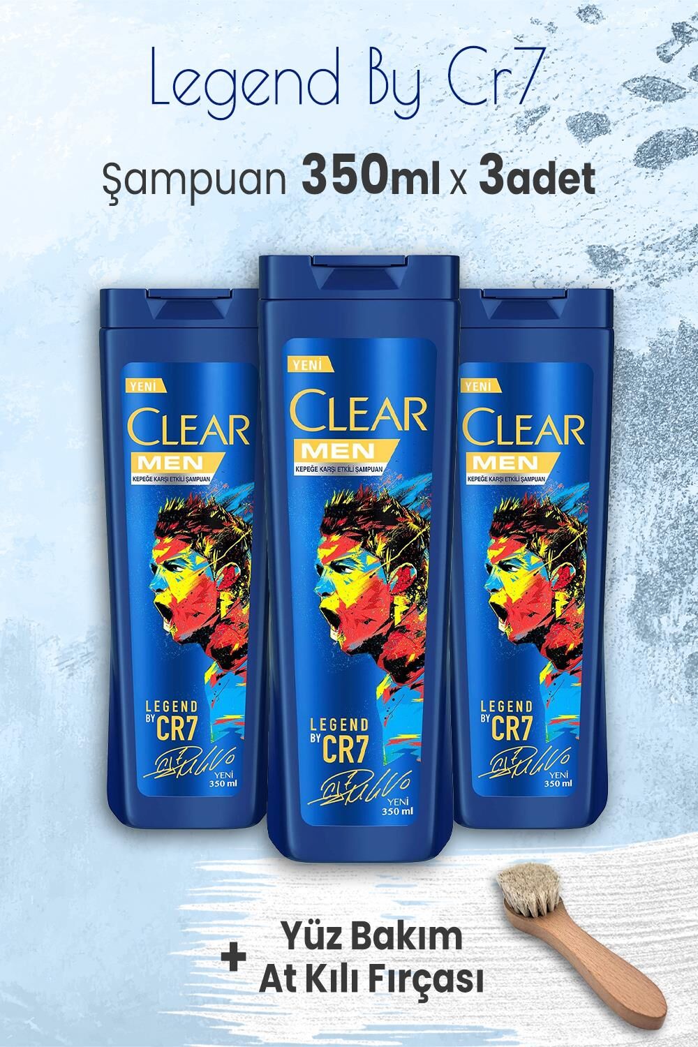 Clear Men Legend By Cristiano Ronaldo 350 ml x 3 Adet ve Yüz Bakım At Kılı Fırçası