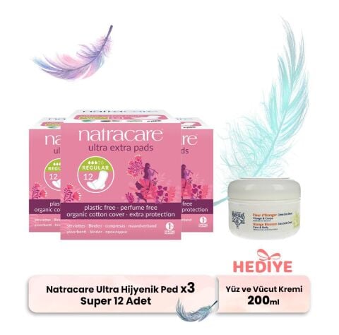 Natracare Ultra Hijyenik Ped Super 12'li x 3 ve Yüz ve Vücut Kremi Hediyeli